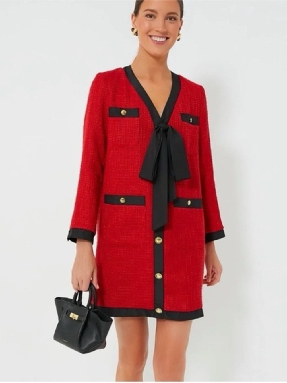 NWT Pomander Place Red Tweed Bow-Front Blazer Dress with Black Trim